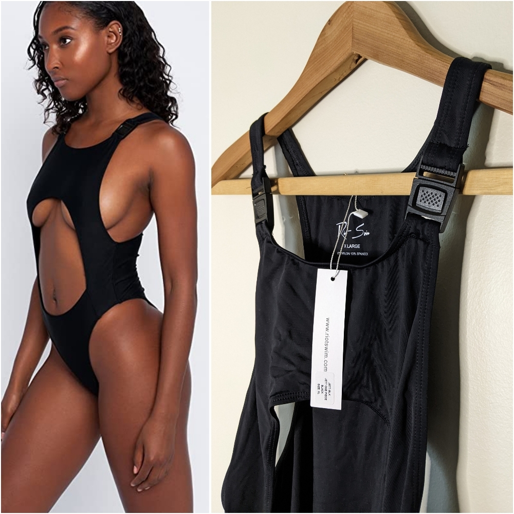NEW XL Riot Swim Jett Swimsuit Black, one piece high cut underboob resort